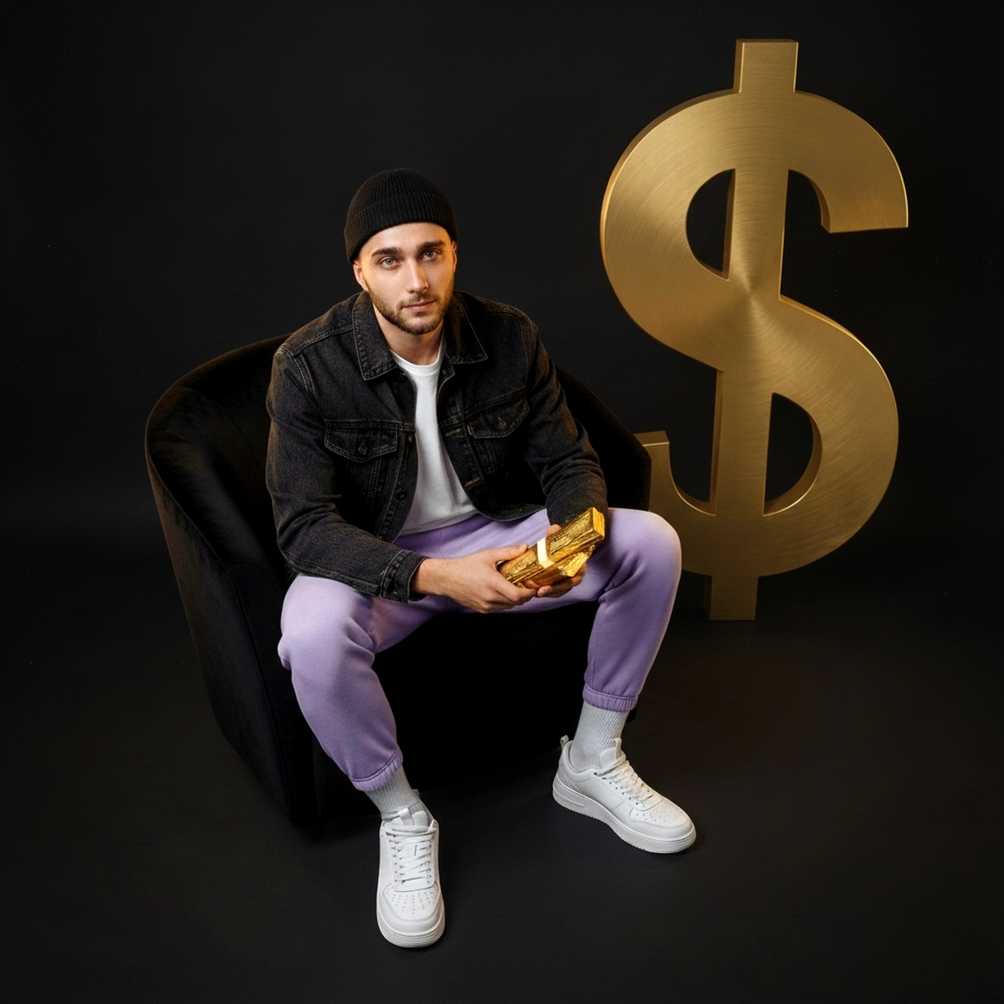$OULJAH seated beside a giant gold dollar sign
