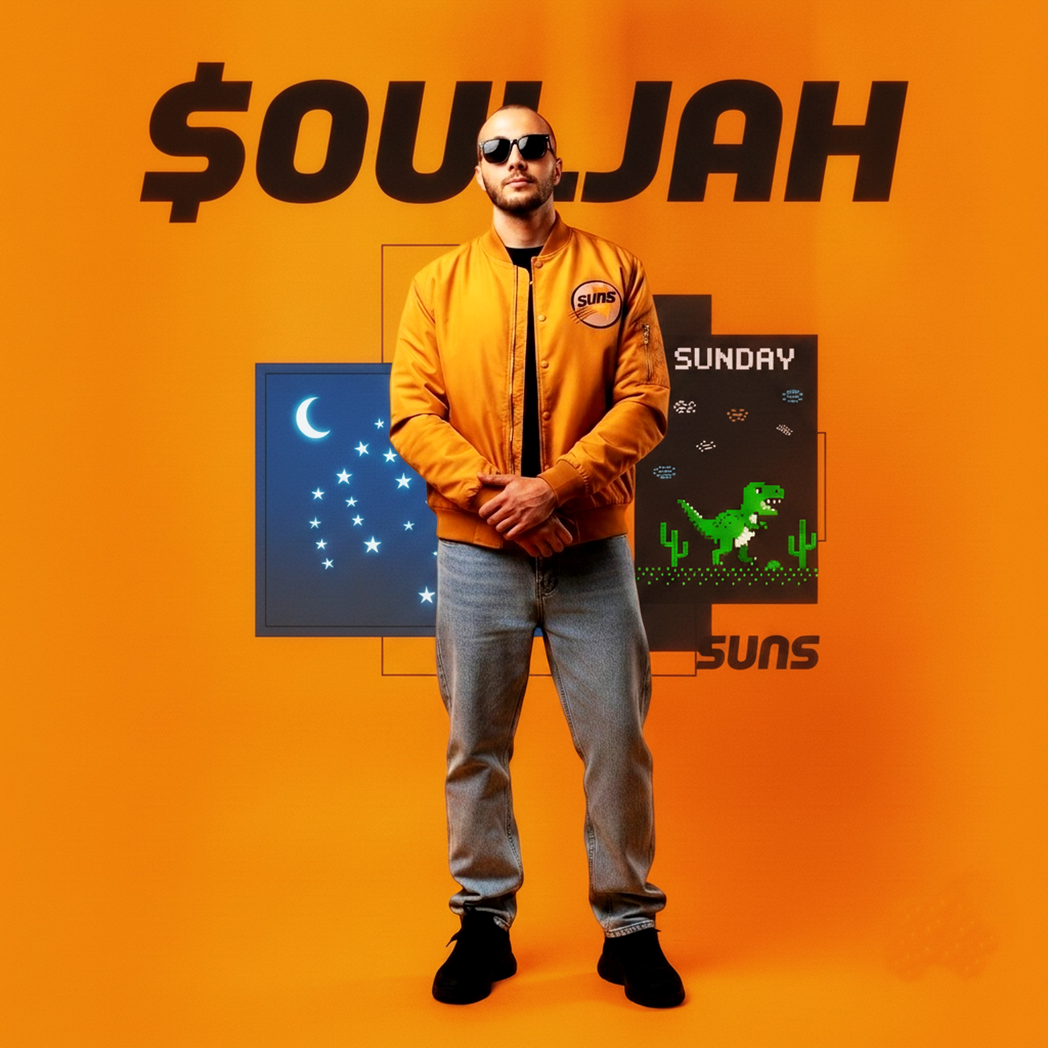 $OULJAH multidisciplinary creative, full body portrait on a bold orange backdrop