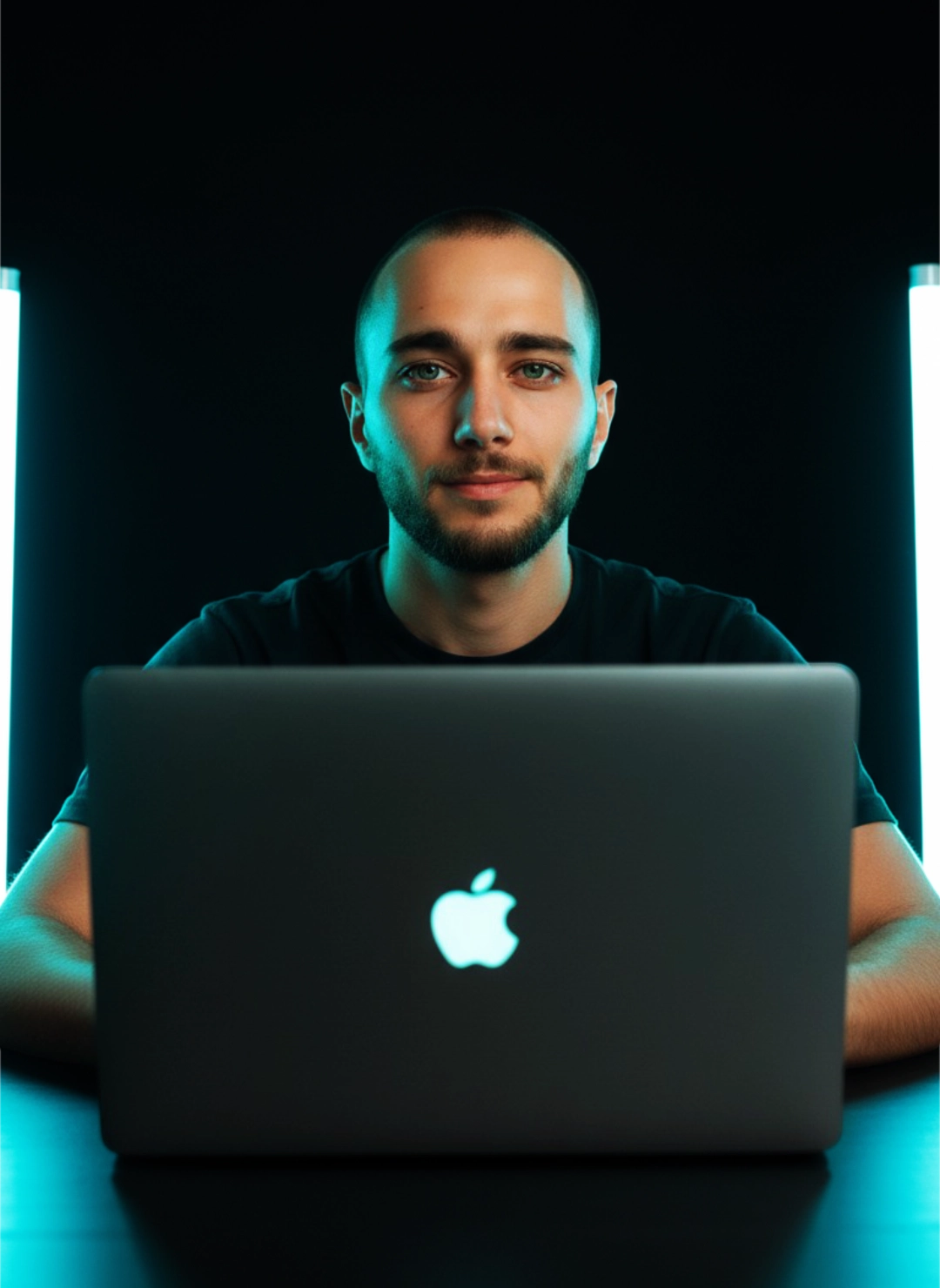 $OULJAH working on a MacBook under cinematic cyan studio lighting